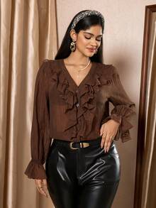 Zelara 大码优雅纯色荷叶边衬衫 - 咖啡棕 - 查看 9