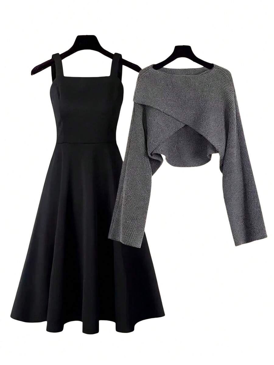 GlowEve CURVE 大码女式纯色不对称下摆长袖上衣和吊带连衣裙优雅两件套 - 黑色 - 查看 1