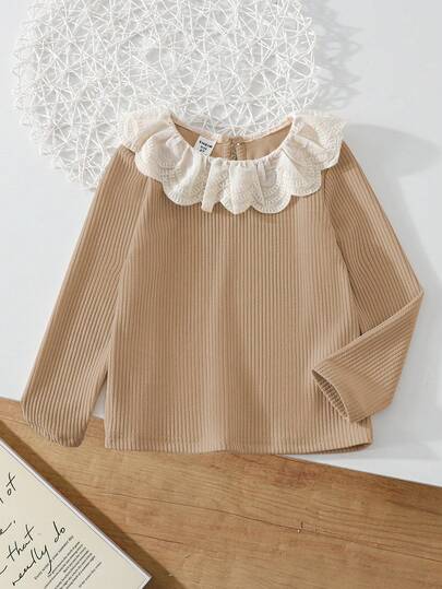 Genkimix Kids Apricot Lace Collar Long Sleeve Knit T-Shirt, Elegant Outdoor Casual Wear, Suitable For Autumn/Winter