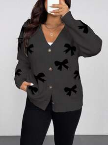 Vionelle 女士大码撞色蝴蝶结针织开衫，V领休闲宽松柔软毛衣，适合秋冬季穿着。 - 灰色 - 查看 4