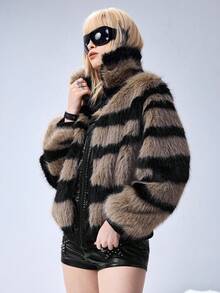 ROMWE Grunge Punk Y2K复古性感斑马纹人造毛皮外套，女士毛绒夹克 - 彩色 - 查看 8