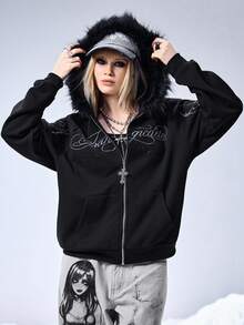 ROMWE EDITION Kpop Punk Style Oversized Blade Chain Print Zipper Sweatshirt For Women - Black - View 7