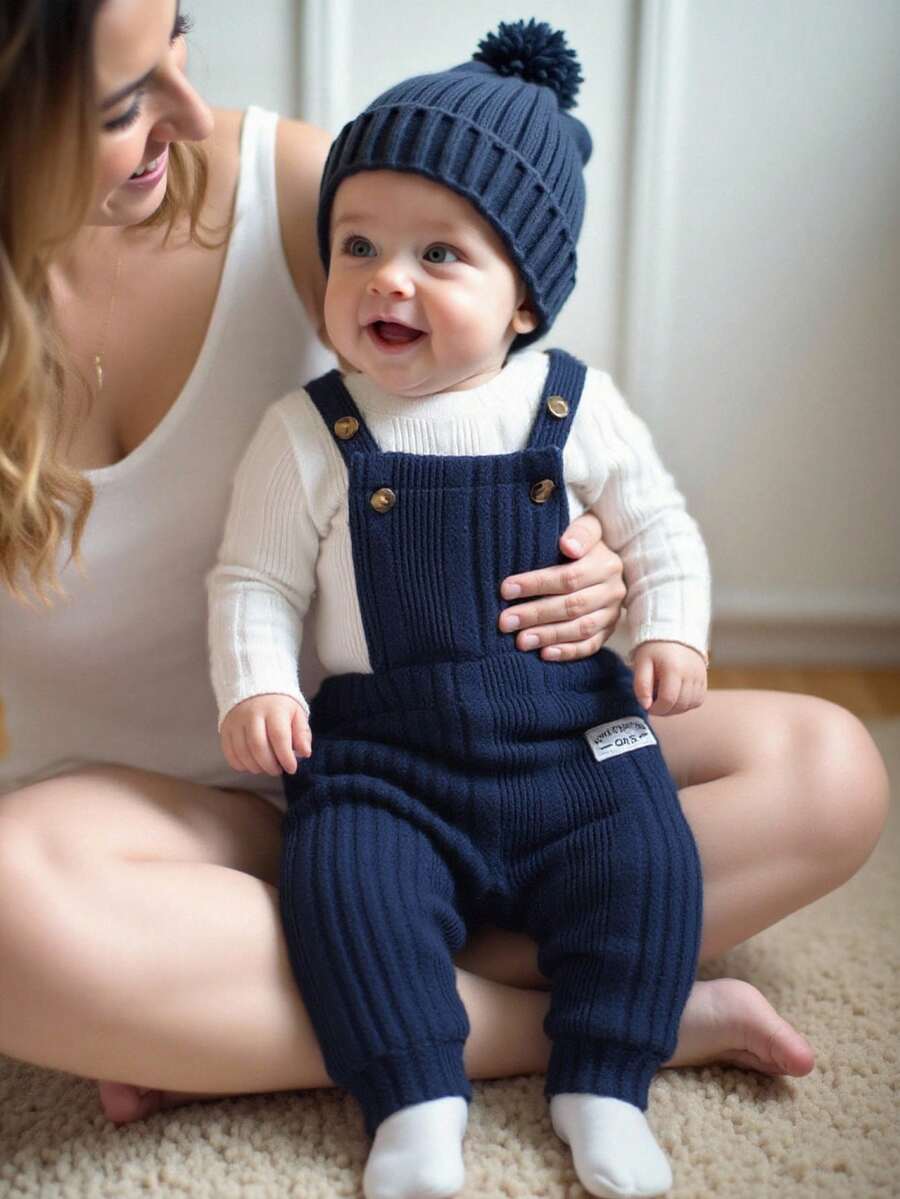 SHEIN 2pcs Newborn Baby Boy Casual Ribbed Long Sleeve Top And Bib Overalls Jumpsuit Set, Suitable For Photoshoot, Daily Wear, And Streetwear, Spring/Autumn - Navy Blue - View 1