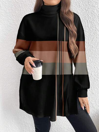 EMERY ROSE Vintage Color Block Striped Print Casual Minimalist Plus Size Women Long Turtleneck T-Shirt, , , Black Turtleneck Tee Modest Top, For Women, For Women,New Year Women,Graphic Tees Women,Black Top,Flower/Spring/Summer/Vacation