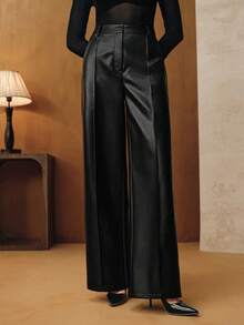 Anewsta 女士宽松时尚新款高品质柔软皮革阔腿裤