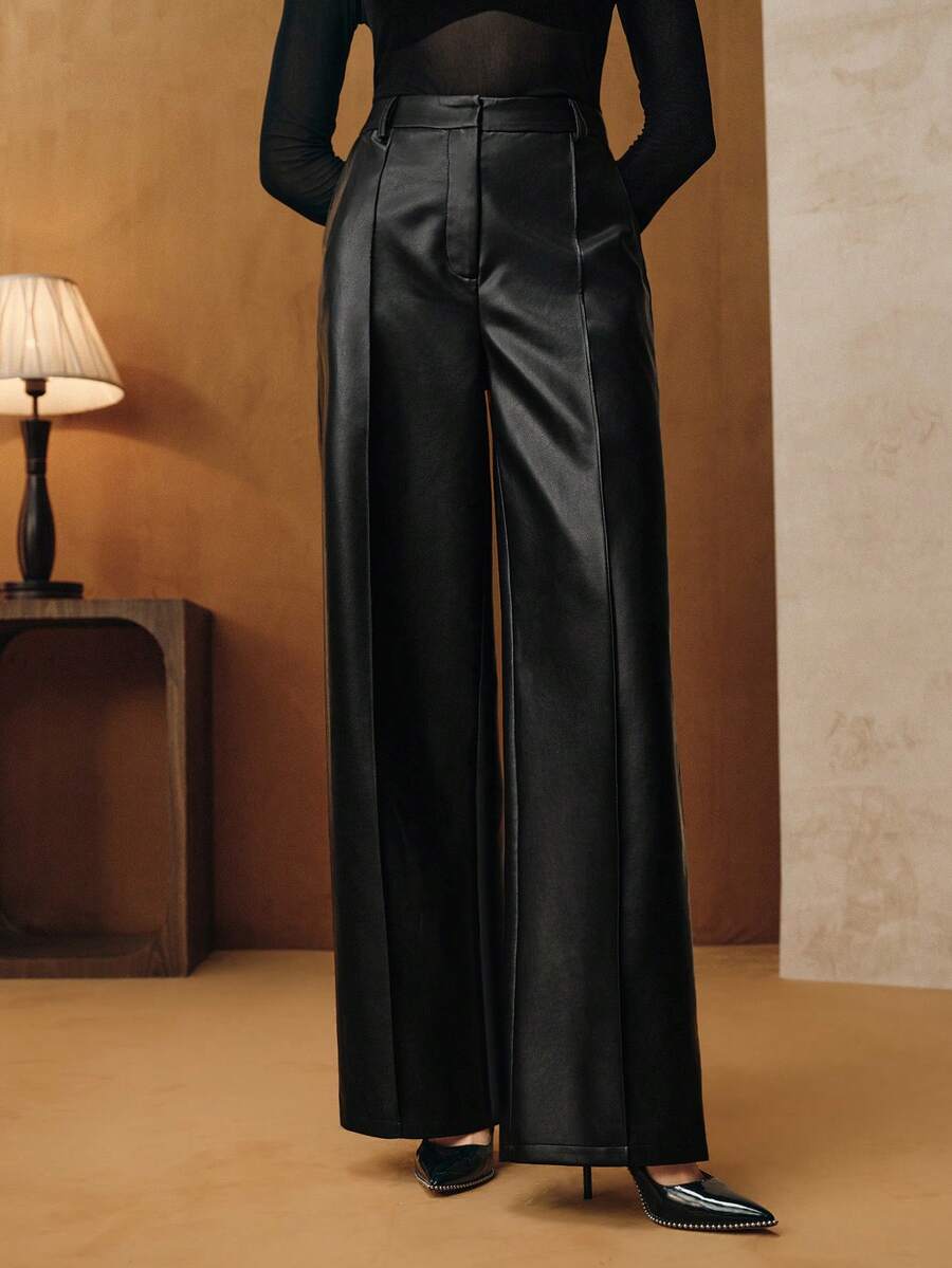 Anewsta 女士宽松时尚新款高品质柔软皮革阔腿裤