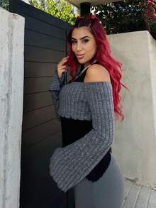 Bearsaez Camiseta 2 en 1 con dobladillo asimétrico, cintura con cordón y mangas acampanadas - Gris Oscuro - Ver 6