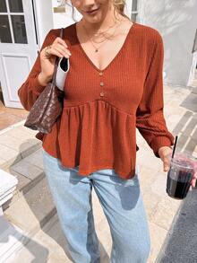 SHEIN Frenchy 大码纯色休闲长袖T恤，秋季款 - 鏽棕色 - 查看 5