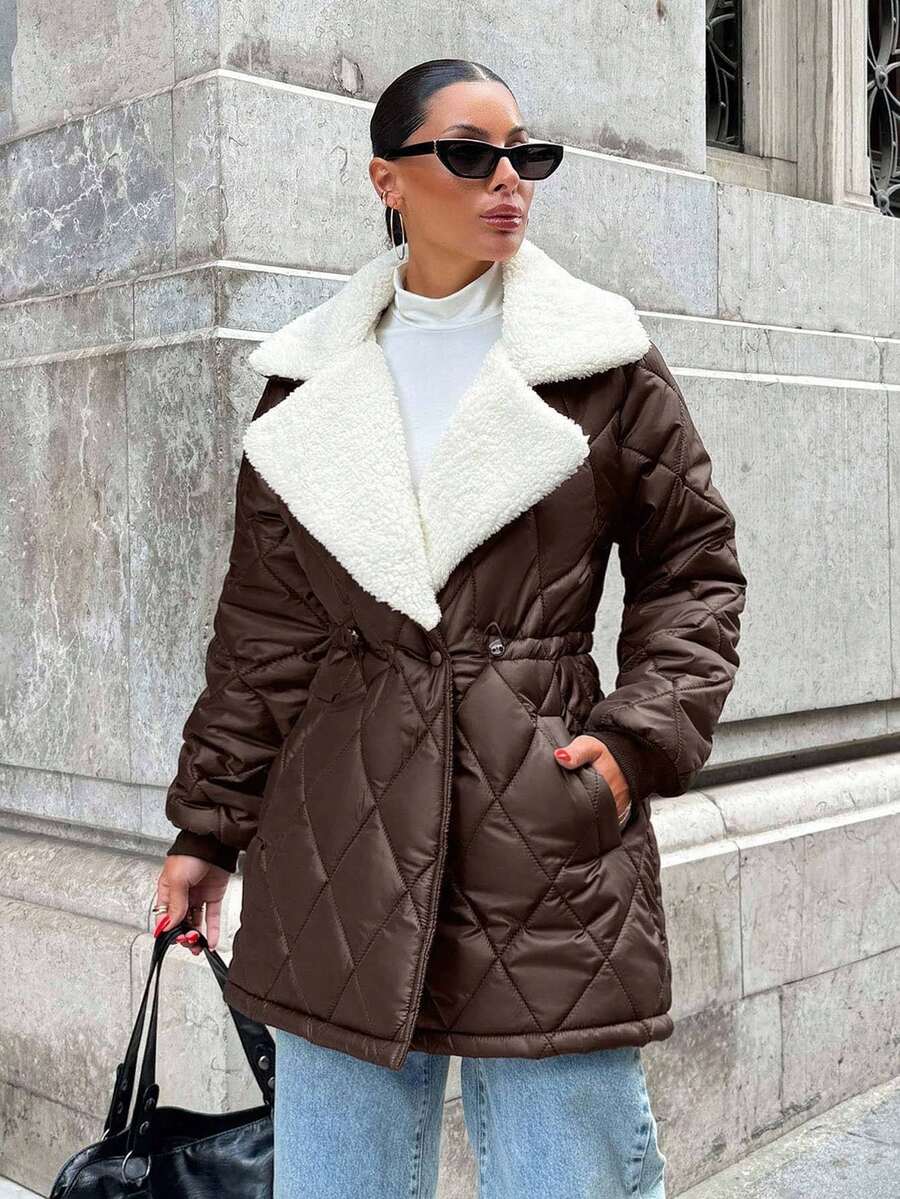 EURMUSE Women Padded Coat, The Waist-Closed Shape-Elegant Style, Contrast Colour, Rib Cuff - Brown - View 1