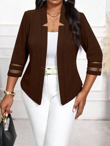 SHEIN Lady 新款大码女装时尚优雅休闲网纱拼接棕色西装外套，秋冬款，适合女士冬季穿着，圣诞节新年期间休闲穿着，优雅正式场合皆宜，时尚系列 - 棕色 - 查看 4