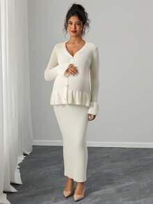 Momance 孕妇优雅纯色开衫针织半裙套装，秋冬款