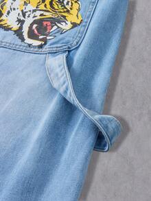 Manfinity Denimwave Men's Casual Washed Tiger Print Distressed Straight Leg Jeans Blue Baggy Jeans Men - Light Wash - View 9