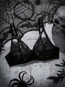 SHEIN Sexy Lace Patchwork Hollow-Out Women's Bra - Black - View 6