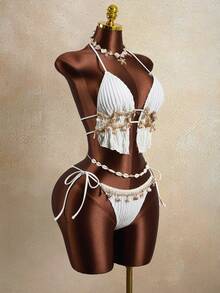 Zestiva Women's 2 Pieces Wavy Striped Shell Tape Splice Tie Neck Bikini Set, Summer,Bohemia,Boho - Beige - View 6