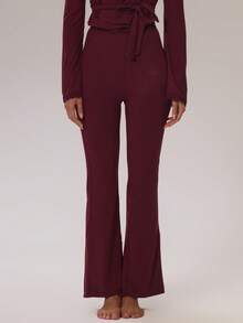 Musera Sport 运动蕾丝边针织修身喇叭瑜伽裤家居服优雅休闲运动健身返校普拉提冬季 - 酒紅色 - 查看 2