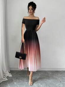 Elenzga 女士优雅露肩褶饰渐变色印花束腰连衣裙 - 黑色 - 查看 4