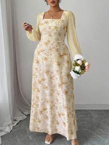 Modelyn 女士粉色花卉印花拼接方领长袖优雅约会连衣裙 - 黃色 - 查看 7