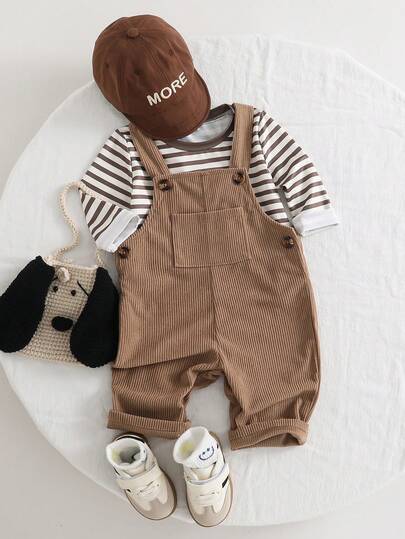 两件套男婴休闲条纹长袖T恤和灯芯绒裤套装，时尚百搭，适合日常穿着，秋冬季为幼儿提供舒适贴合的穿着体验。