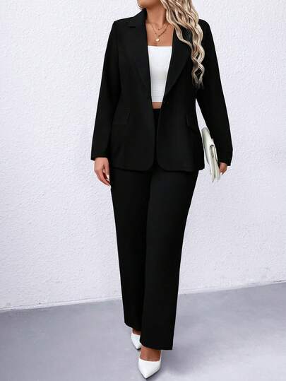 Elenzga Plus Solid Lapel Neck Single Button Blazer & Byxor