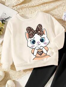Cozy Fall & Winter Styles Baby Girls Casual Fashion Creative Personalized Fresh Minimalist Cute Kawaii Cartoon Leopard Rabbit Leopard Bow Faux Pearl Milk Tea Pink Heart Starry Pattern Print Casual Basic Crew Neck Sweatshirt And Leggings Set, Comfortable Outfit - Multicolor - View 5