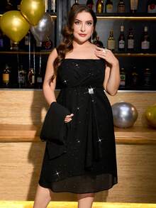 Gownix Plus Size Elegant Chiffon 2 Pieces Set: Autumn/Winter Flowing Chiffon Jacket And Multi-Layered Ruffle Chiffon Dress With Waist Rhinestone Decor - Black - View 7