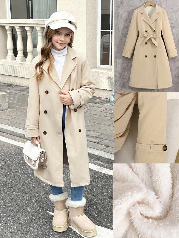 SHEIN Tween Girl Woven Casual Commute Outerwear Double-Breasted Lapel Loose Thermal Lined Thick Long Windbreaker, Casual Military Style, Girls Long Jacket,Suitable For Winter, Casual, Preppy, Cute & Casual & Vintage, Great For Autumn/Winter Casual, Daily Wear, School