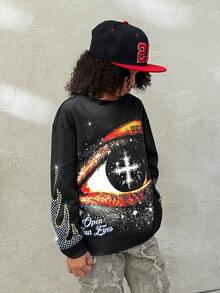 Coolane Kids Tween Boys  Fall/Winter,Streetwear  Grunge Essentials,Loose Casual Sports Round Neck Printed Sweatshirt Vintage Distressed Eye Graphic Black,Christmas, Clothes For New Year - Black - View 2