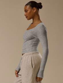 MUSERA ESSENTIALS Fitted Scoop Neck Long Sleeve Cotton Blended Top Classy Basic Sexy Spring Summer Holiday - Grey - View 3