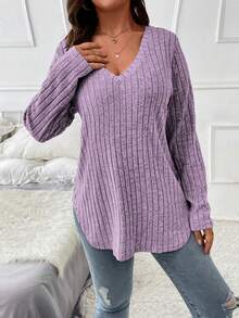 EMERY ROSE 大码女式纯色V领长袖休闲罗纹T恤 - 紫色 - 查看 4