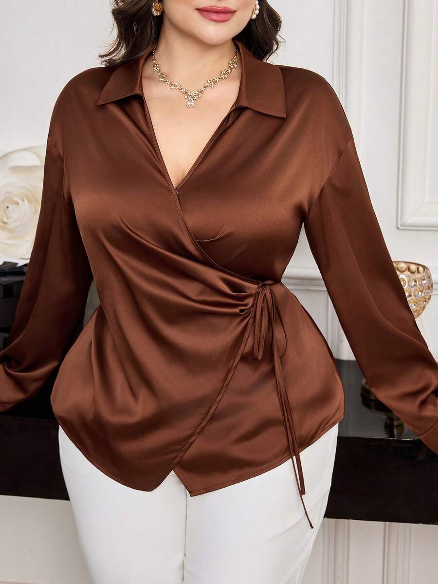 Modelyn Plus Size Women's Solid Color Lapel Drop Shoulder Long Sleeve Wrap Tie Elegant Blouse - Coffee Brown - View 1