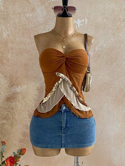 Soleia 女士度假休闲撞色拼接亮片装饰抹胸上衣