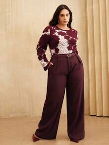 Anewsta Suéter de manga larga elegante con estampado floral hidrosoluble y bloques de color - Burdeos - Ver 5