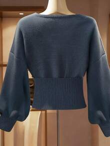 Franclia كنزة صوفية صوفية قصيرة للنساء ذوات الحجم الكبير، بياقة متقاطعة رسمية، أكمام طويلة، لون أزرق داكن، بتصميم بسيط وأزرار معدنية مزيفة، مناسبة للخريف والشتاء - أزرق بحري - مشاهدة 2