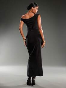 Normani Váy ôm sát vai lệch vai màu đen trơn dành cho nữ, mùa hè - màu đen - Xem 2