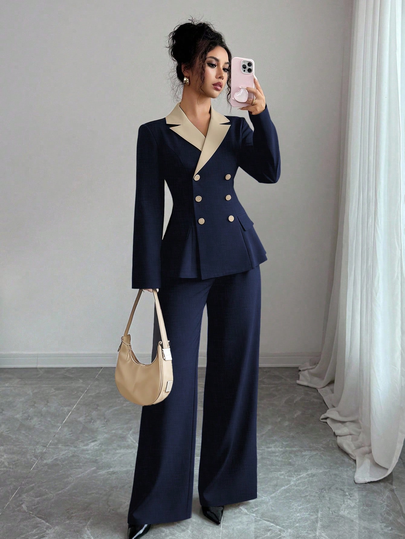 Elenzga بدلة نسائية أنيقة طويلة الأكمام بتباين لون...