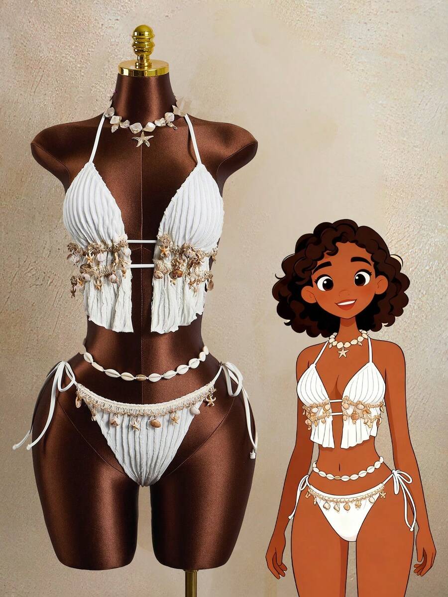 Zestiva Women's 2 Pieces Wavy Striped Shell Tape Splice Tie Neck Bikini Set, Summer,Bohemia,Boho - Beige - View 1