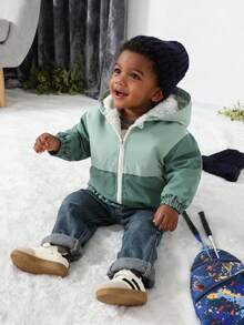 SHEIN Young Boy Solid Color Patchwork Hooded Zip-Up Jacket, Comfortable Soft Fleece Fabric, Suitable For Outdoor And Indoor Wear, Autumn/Winter Fall - Multicolor - View 1