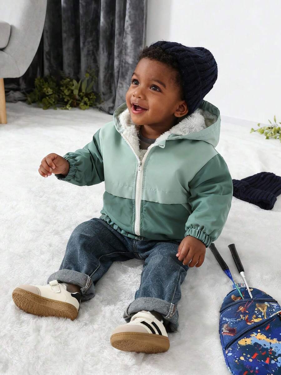 SHEIN Young Boy Solid Color Patchwork Hooded Zip-Up Jacket, Comfortable Soft Fleece Fabric, Suitable For Outdoor And Indoor Wear, Autumn/Winter Fall - Multicolor - View 1