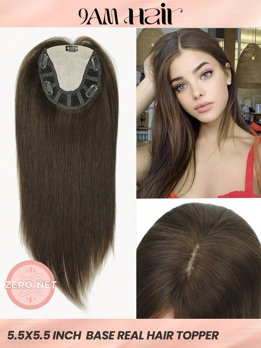 ZERO-NET 16英寸直髮頂部加厚髮片5.5英寸X5.5英寸基底尺寸人髮片，適用於稀疏髮絲和脫髮女性，女式假髮片人髮加厚夾片真人髮延長夾式