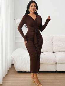 SHEIN Lady Đầm dài tay nhún bèo cổ chữ V họa tiết hoa 3D phong cách Âu Mỹ dành cho nữ - màu nâu - Xem 5