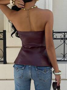 Siren Gaze Leather Top Siren Gaze Old Money Style Women's Burgundy Red Strapless A-Line Top With Slit  Women's Women's Fashion Front Button Camisole Top - Red - View 4