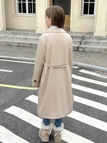 SHEIN Serisse Kids 青少年女孩编织休闲通勤外套双排扣翻领宽松保暖内衬厚长款风衣，休闲军事风格，女孩长款夹克 - 卡其色 - 查看 7