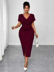 Maweii 大码女士优雅休闲商务V领短袖修身中长连衣裙，酒红色 - 酒紅色 - 查看 1