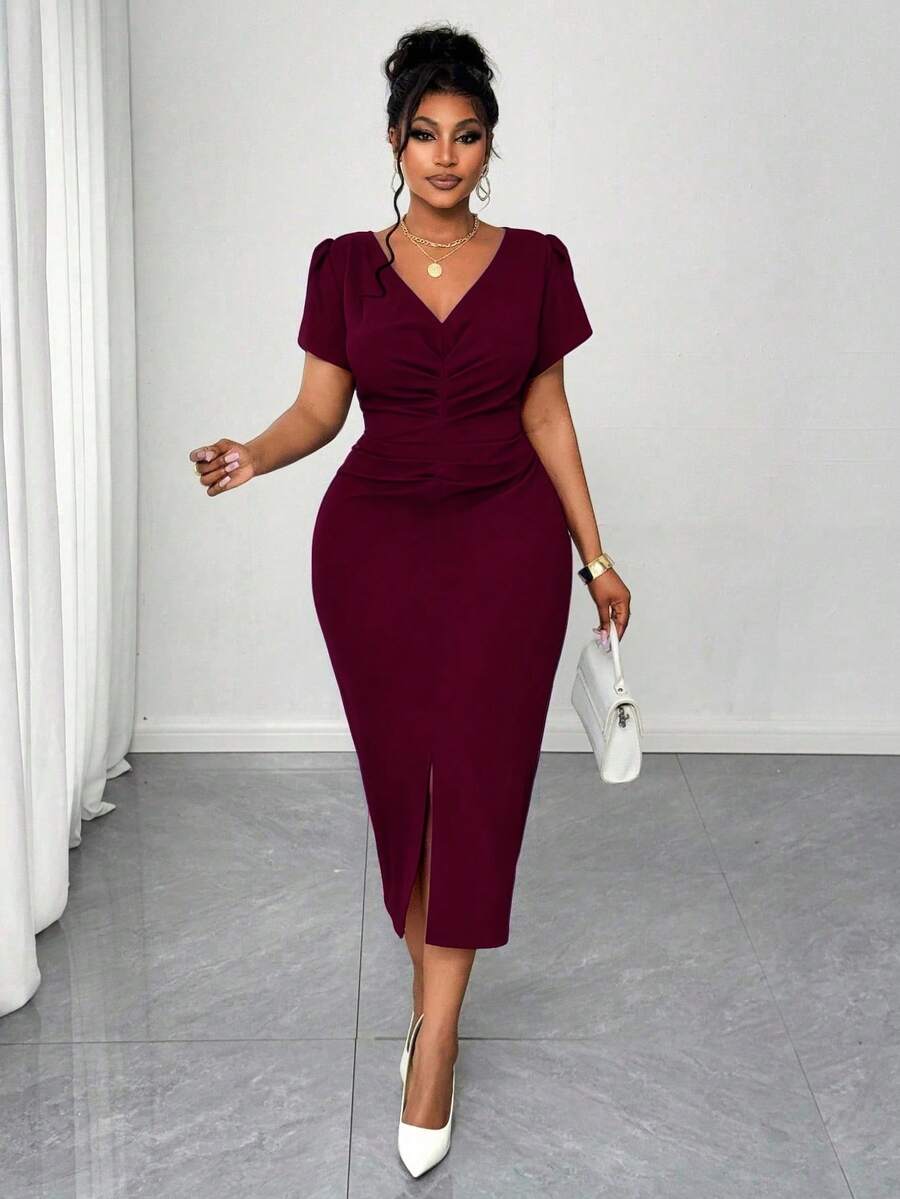 Maweii 大码女士优雅休闲商务V领短袖修身中长连衣裙，酒红色 - 酒紅色 - 查看 1