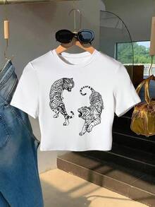 Fierce Tiger Pattern Print Women Short Sleeve Crew Neck T-Shirt - White - View 1