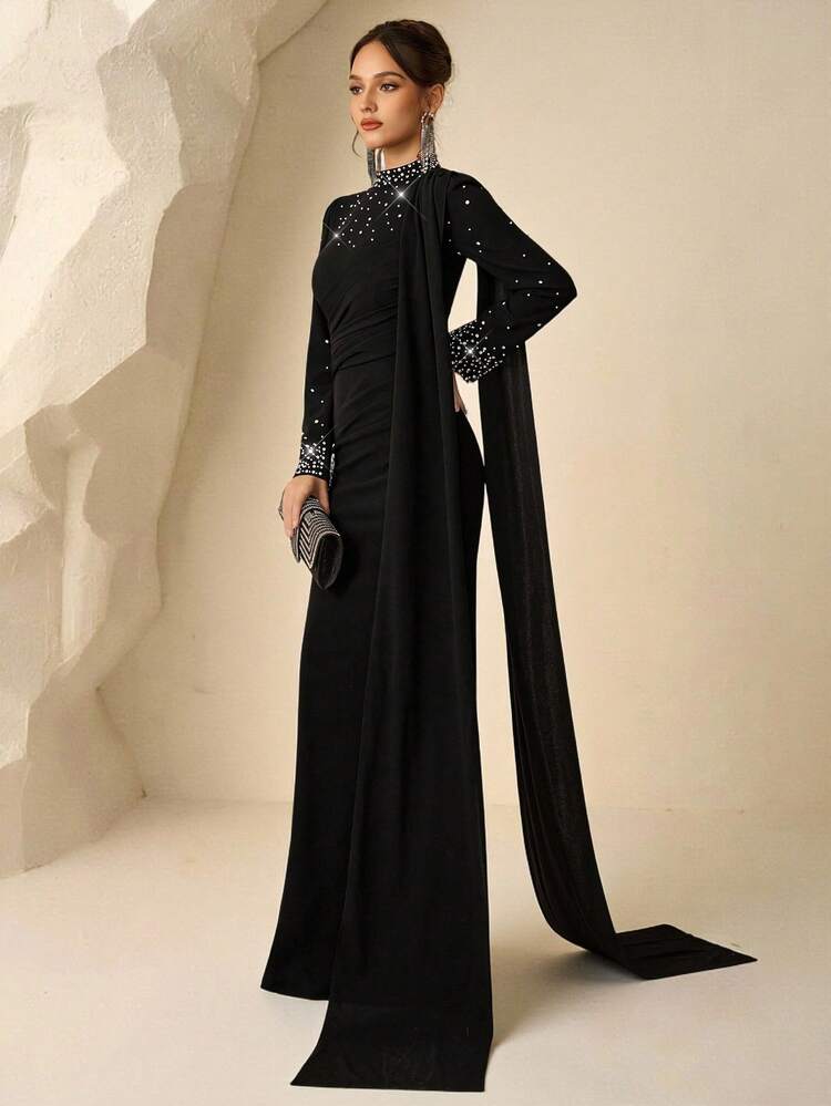 Coutiva Women's Solid Color Rhinestone Decor Simple Formal Evening Gown Dress Black Evening Gown Long Sleeve Formal Dress Black Dress Elegant Dress Modest Muslim Dress - Black - View 6