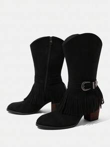 Styleloop Women's Chunky Heel Black Retro British Style Fringe Western Cowboy Mid-Calf Boots, Suitable For Vacation, Travel, Outdoor - Black - View 9