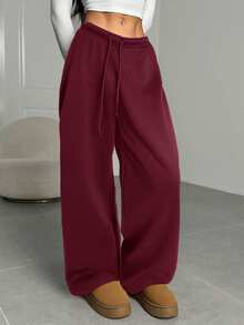 SHEIN EZwear 女士休闲宽松阔腿酒红色运动裤，适合毕业季、返校季和教师节穿着。 - 酒紅色 - 查看 6