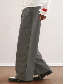 TOKVUE Manfinity Streetrush 男士休闲通勤条纹阔腿裤，男士细条纹裤，男士阔腿裤，男士褶裥裤，男士宽松裤，细条纹阔腿裤，男友礼物，街头风男士，秋季，街头风，朋友，情侣装，宽松，男士，图案，日系，男女通用，我爱我的女朋友 - 黑色 - 查看 3