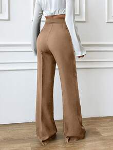 EURMUSE 大码女式休闲纯色高腰直筒裤 - 米色 - 查看 2